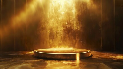 A luxury gold background with an empty podium illuminated by soft, radiant glow lights, creating a high-end and elegant atmosphere. 