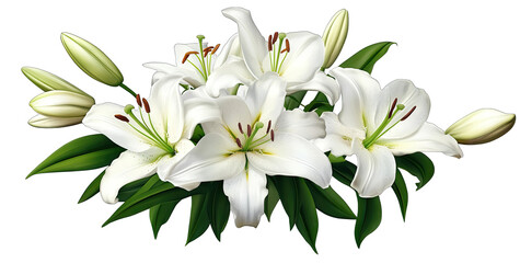 A Bouquet Of White Lilies With Green Leaves And Buds The Lilies Are Arranged In A Loose Informal Cluster With Some Of The Blooms Open And Some Still Closed Transparent Background