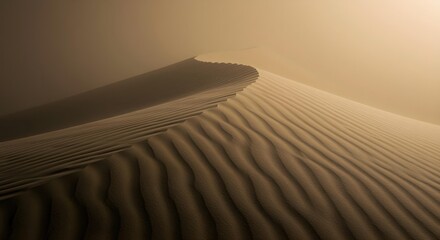 Sci-Fi Editorial AI Generated - A majestic sand dune is shrouded in golden light and fog creating a serene desert landscape scene alone.