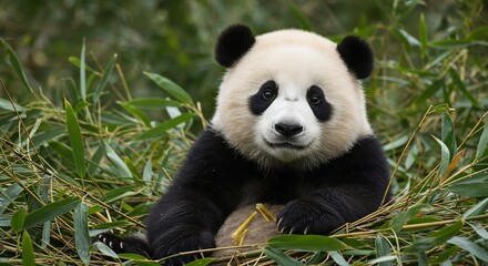 Naklejka premium 緑葉の中で穏やかに微笑むパンダ 愛らしい瞳 This translates roughly to: 