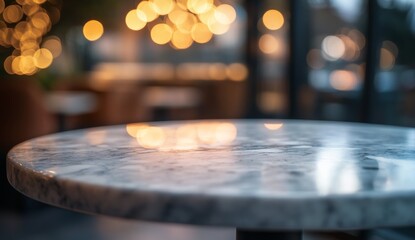 Obraz premium Round marble table top in a cafe setting, blurred background of lights and seating
