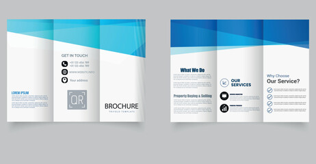 Minimal Corporate Trifold Brochure Template with Blue Geometric Design. Corporate business flyer in modern style. Editable image. Vector.