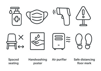 Health and safety line icons set – hygiene, mask, social distancing symbols