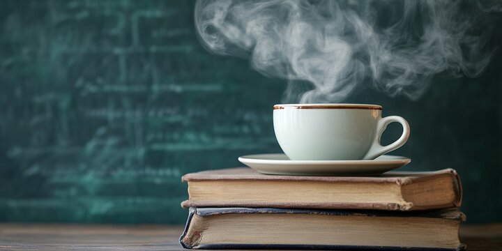 A steaming cup of coffee on a saucer sitting atop a stack of books with a dark background behind it