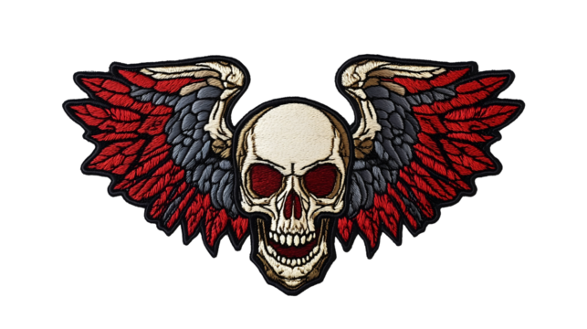 embroidered skull with wings and red feathers isolated png transparent cutout