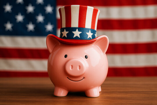 Pink Piggy Bank with Patriotic Hat against American Flag Background for Saving and Finance Themes
