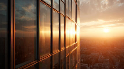 Glass skyscraper facade reflecting sunset hues, showcasing urban landscape panorama at golden hour, symbolizing success, growth, and modern architecture