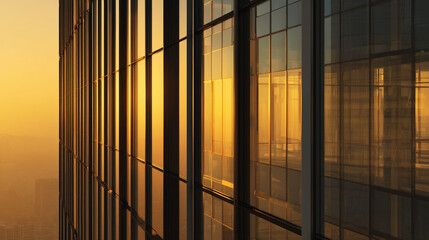 Golden sunset reflected in skyscraper's glass facade, showcasing modern architecture and urban landscape, symbolizing success, ambition, and progress