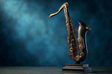 Naklejka premium Elegant Saxophone Displayed on Pedestal with Soft Blue Background and Dramatic Lighting