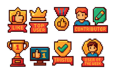 Obraz premium Recognition and award pixel art icons set – badge, achievement, trophy graphics