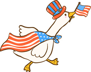 4th of July Anxiety Silly Goose with American Flag and Uncle Sam Hat Hand Drawn Doodle