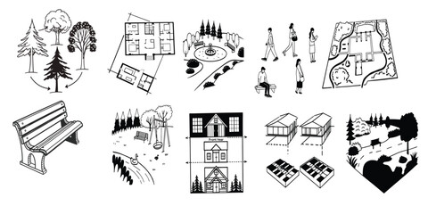 A set of architectural drawing elements in a minimal, hand-drawn vector style suitable for outdoor park and landscape design