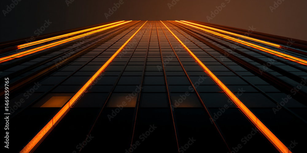 Poster low-angle view of skyscraper facade with orange illumination, creating strong vertical lines, symbol
