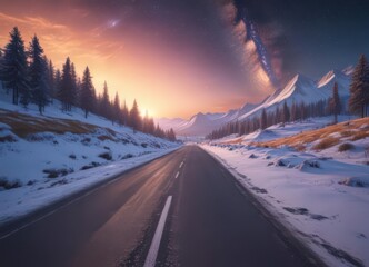 Serene snow-covered road leads to vibrant sunrise, milky way above ,  path,  picturesque,  forest