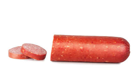 Salami sausage sliced on a white background