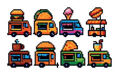 Food truck icons set – colorful pixel art, gourmet, street food graphics