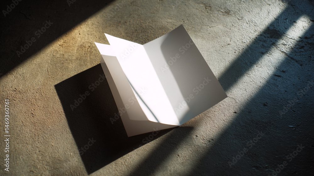 Poster tri-fold white paper mockup on textured surface, illuminated by sunlight, showcasing blank space for