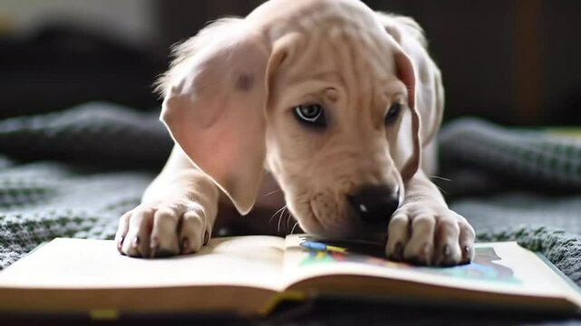 Cachorro de perre con un libro enfrente