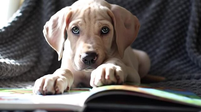 Cachorro de perre con un libro enfrente