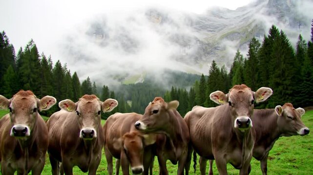 Vacas que exploran una pradera vibrante, juntas, con sus suaves pelajes marrones, y sus expresiones amables irradian curiosidad en medio de un paisaje exuberante.