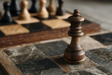 Dark Wood Chess Queen on Rustic Board: A Dramatic Game