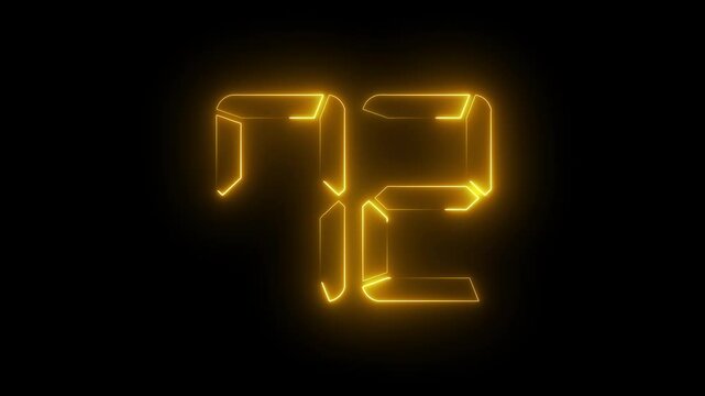 glowing neon text 72 number countdown icon. digital text 72 number animation.