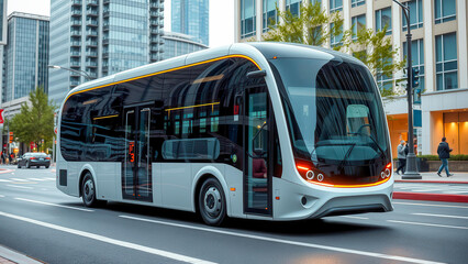 A futuristic electric bus drives through the streets of a smart city. The image symbolizes eco-friendly transport and innovation. Ideal for urbanism and sustainability themes.