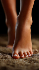 Nahaufnahme von Frauenbeinen und F&uuml;&szlig;en beim Barfu&szlig;laufen auf Sand