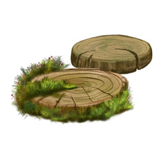 Two big wood cuts with mosses, isolated white. Colored landscape elements hand drawn for architectural sketches, magazines, banners, greeting cards. Garden objects and plants in color illustration