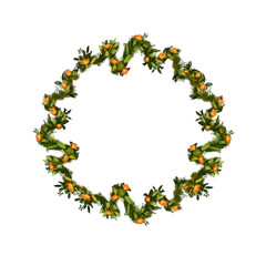 Wreath with mosses, garlands, flowers isolated white. Colored landscape elements hand drawn for architectural sketches, magazines, banners, cards. Garden objects and plants in color illustration