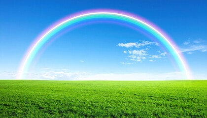 Naklejka premium Vibrant rainbow displaying over lush green field under clear blue sky nature photography scenic beauty outdoor view