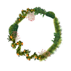 Wreath with stones, mosses, garlands, bushes, flowers. Colored landscape elements hand drawn for architectural sketches, magazines, banners, cards. Garden objects and plants in color illustration