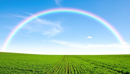 Vibrant rainbow arcing over lush green fields scenic landscape nature photography tranquil environment wide-angle view serenity and beauty