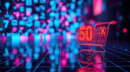 Neon-lit shopping cart with 50x multiplier reflects on a grid floor against a vibrant digital backdrop