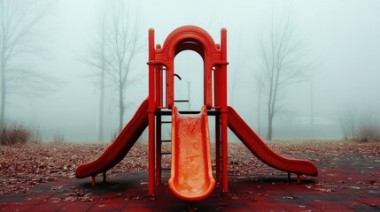 A quiet playground veiled in fog, the jungle gym looking ghostly in the haze.