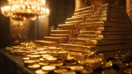 Golden Riches: Stack of Gold Bars and Coins Representing Wealth and Finance gold stack wealth golden