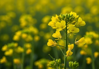 Fototapeta premium Flowering Plant with Yellow Petals in Field, Closeup View