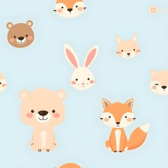 Cute animal characters (smiling bear, rabbit, fox) drawn in pastel tones on a sky blue background, repeated at 5cm intervals
