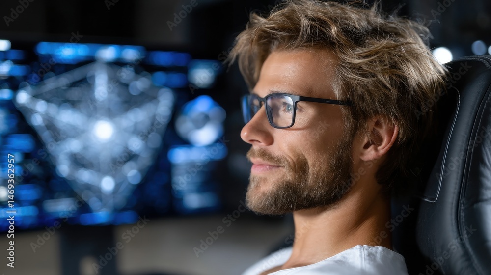 Poster a man wearing glasses is sitting in front of a computer monitor