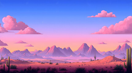 Pixel Art Desert Landscape Sunset With Cactus And Mountains