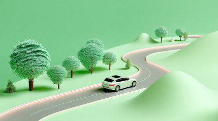 a car on the road, roadside is decorated with small trees, a light green gradient background
