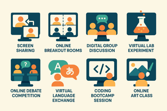 Online activities flat icons set – breakout, virtual, digital collaboration symbols
