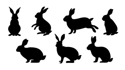 set of rabbits silhouette vector on tranparent background