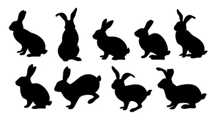 set of rabbits silhouette vector on tranparent background