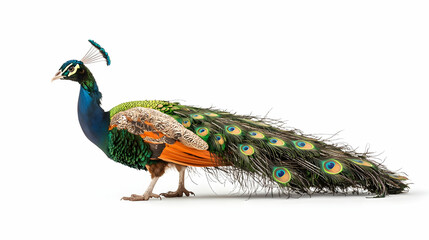 Obraz premium Colorful Peacock Profile Against White Background