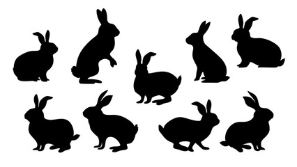 set of rabbits silhouette vector on tranparent background