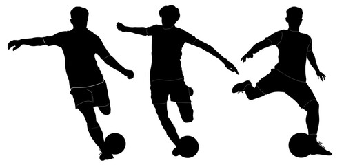 Silhouette vector of football players in action poses with a ball. Perfect for sports design, logo elements, infographics, or dynamic illustrations related to soccer themes.