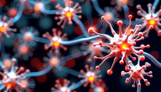 create a striking 3d illustration featuring interconnected artificial neurons, connected in a concept of biomechanical cells representing the idea of artificial intelligence