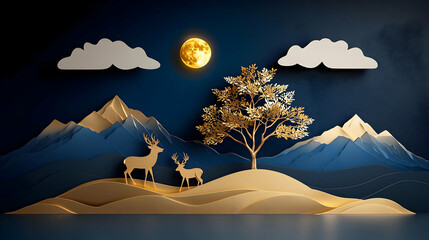 Golden Deer Silhouette Landscape Night Scene