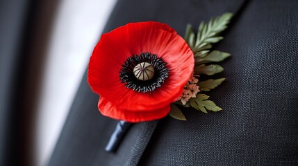 Poppy boutonniere pinned on a dark suit jacket for formal event celebration